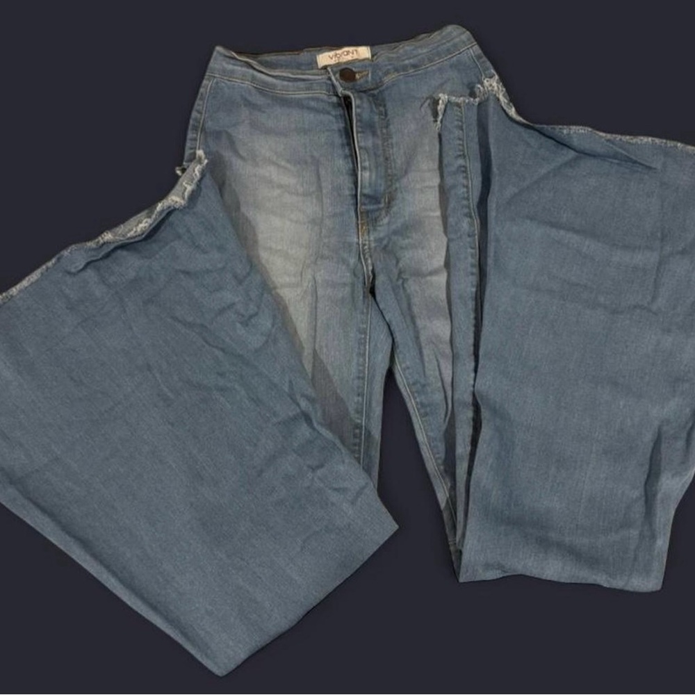 Vibrant Blue Flare Wide Leg Denim with Natural Fading